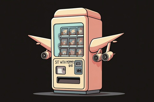 Airline vending machine selling SIT WITH MOMMY: $40 (illustration)